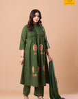 Floral cross stitch embroidery on an olive green mul cotton kurta