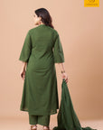 Three-piece olive green mul cotton kurta set by Sandhya Shah