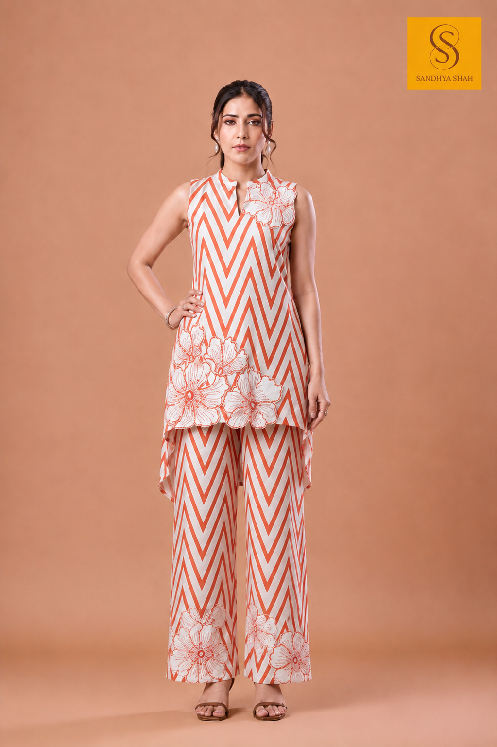 Orange Zigzag Printed High-Low Sleeveless Indo-Western Set