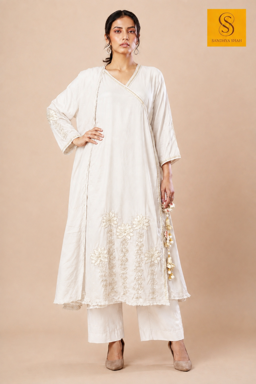 Off White Angrakha-Style Cotton 3 Piece Kurta Set