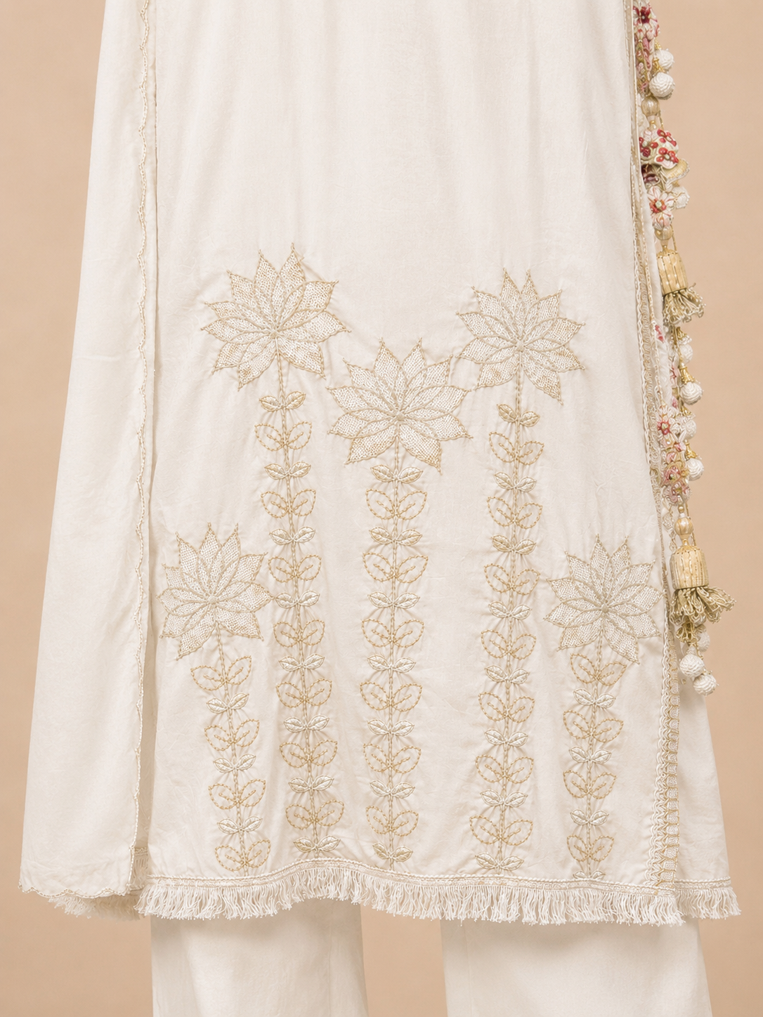 Off White Angrakha-Style Cotton 3 Piece Kurta Set