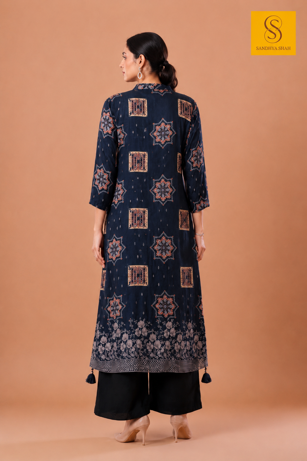 Navy Blue Ajrak Printed Kurta Set