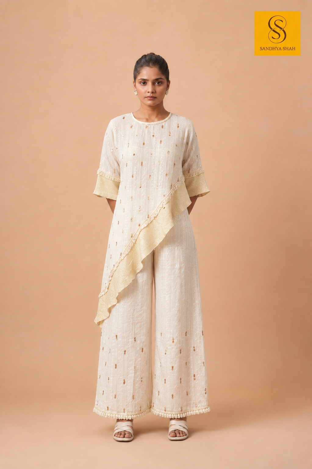 Asymmetrical Aura Off White Textured Jute 3 piece Co-Ord Set