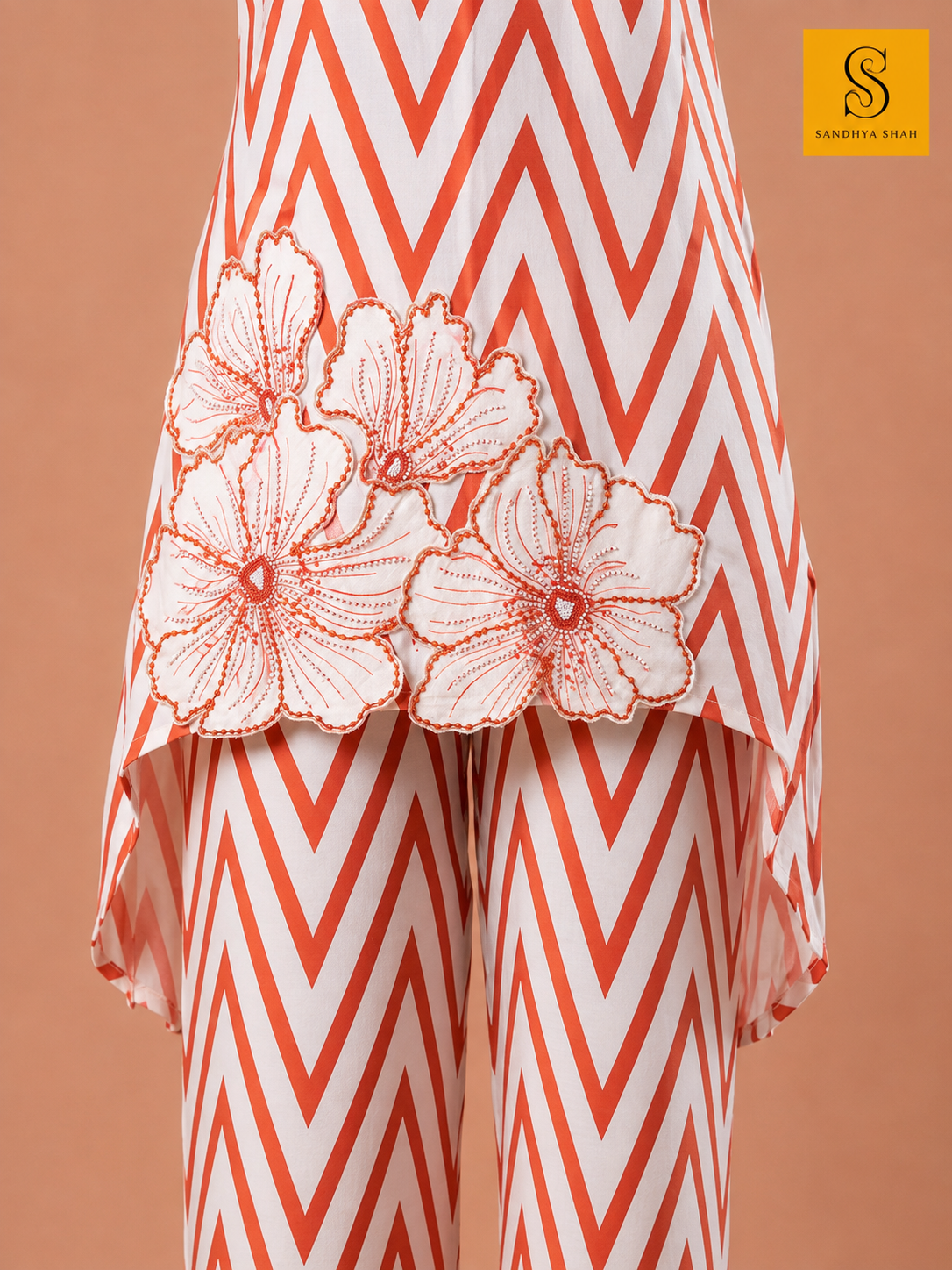 Orange Zigzag Printed High-Low Sleeveless Indo-Western Set