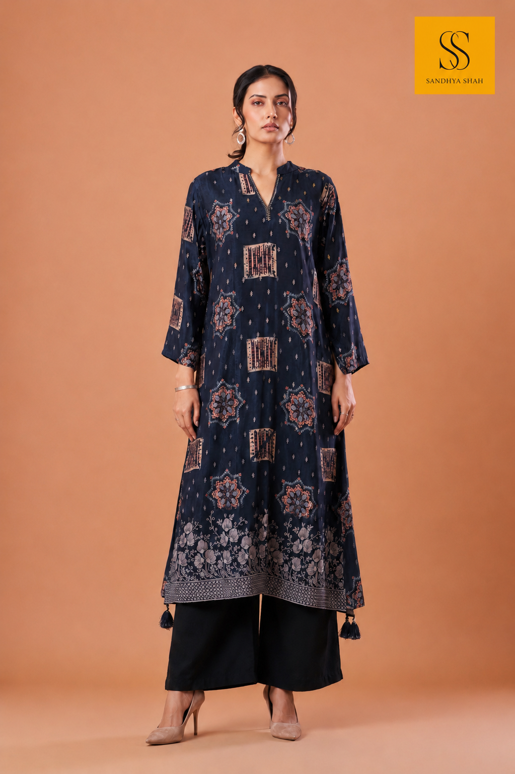 Navy Blue Ajrak Printed Kurta Set