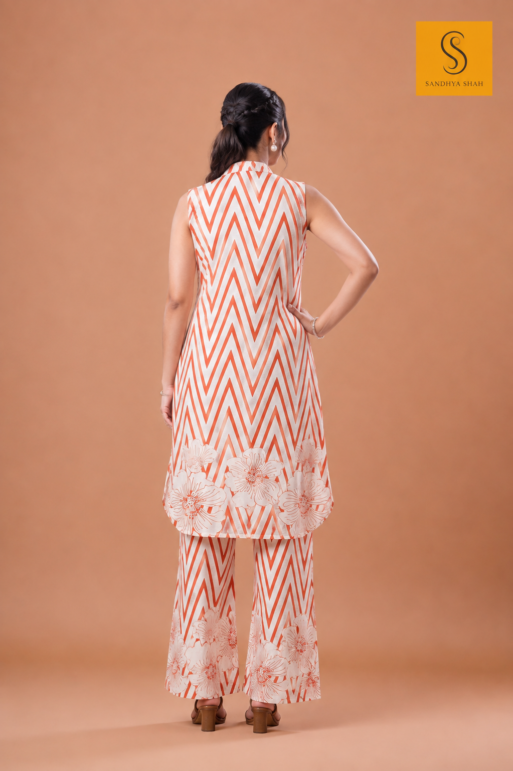 Orange Zigzag Printed High-Low Sleeveless Indo-Western Set