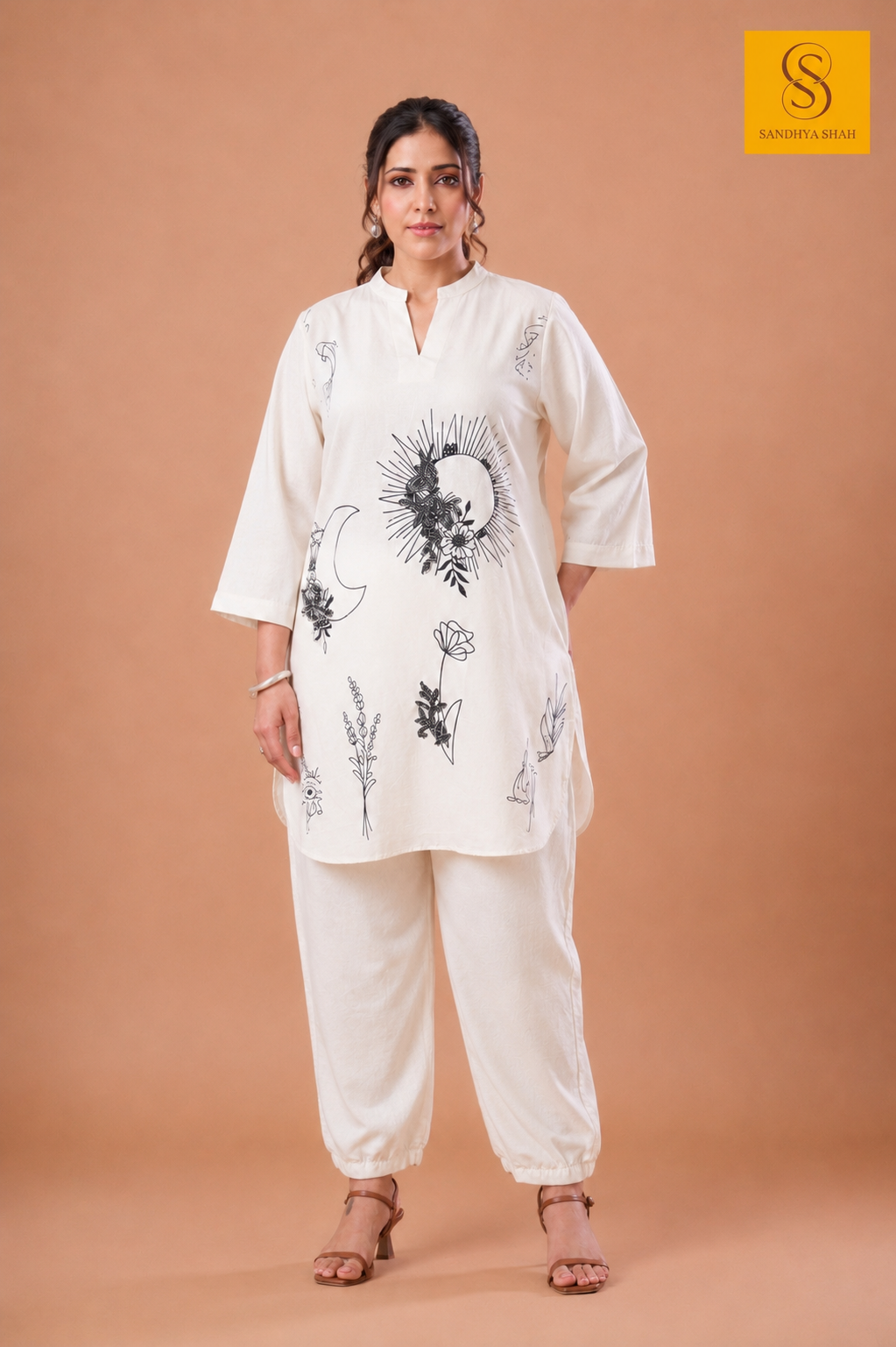 Ivory Botanical  Cotton Co-Ord Set with Bead Work