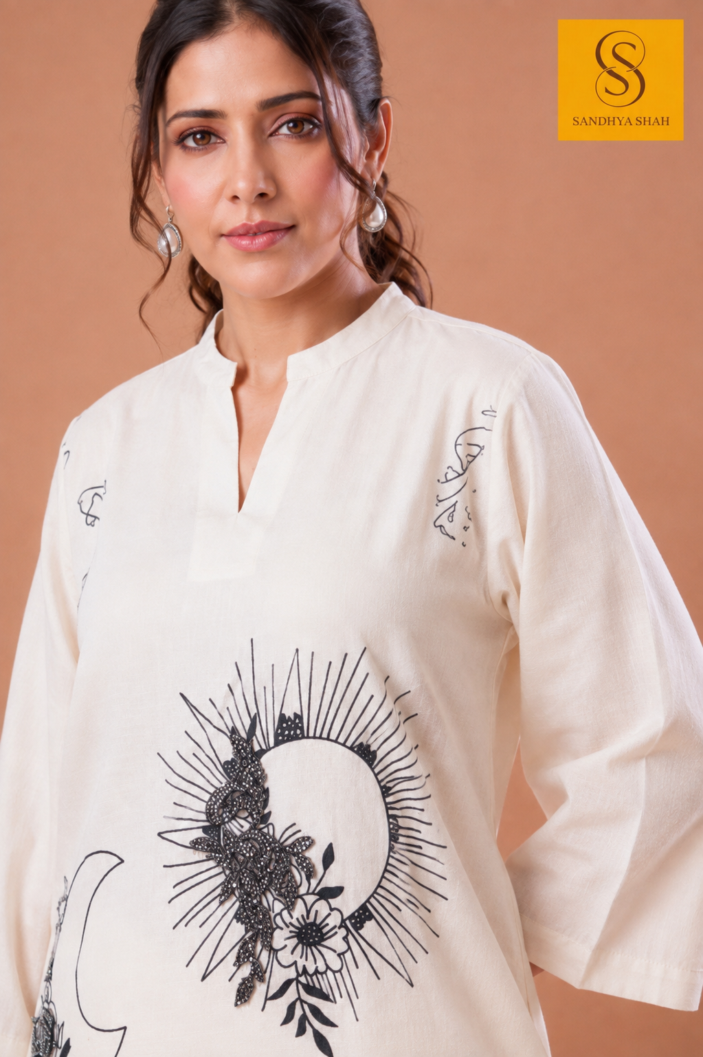 Ivory Botanical  Cotton Co-Ord Set with Bead Work