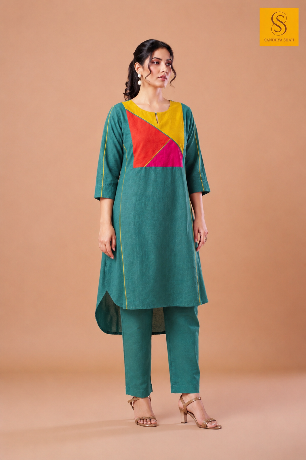 A Contemporary Teal Green Linen High-Low Kurta-Set