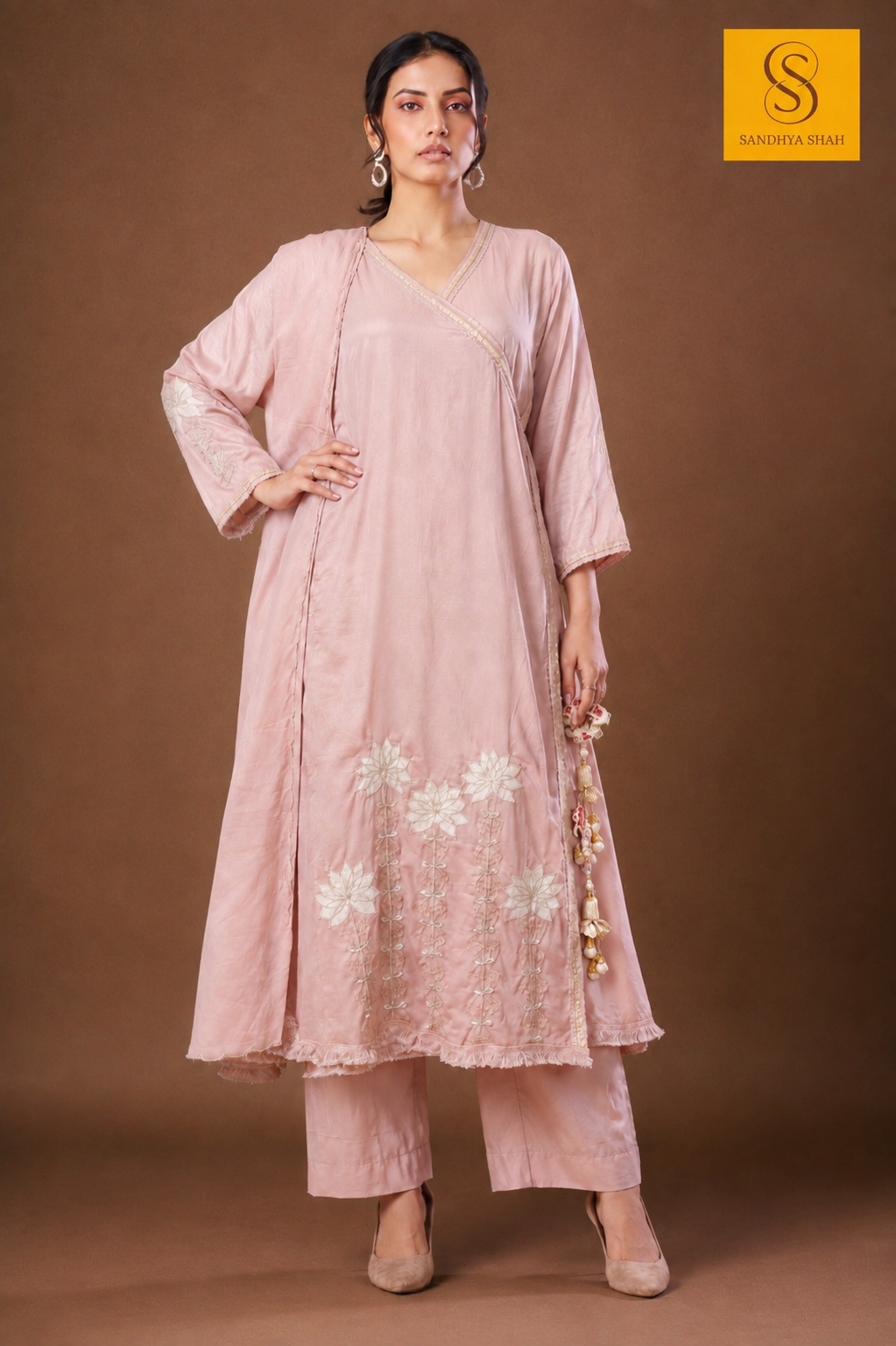 Pastel Pink Angrakha-Style Cotton 3 Piece Kurta Set