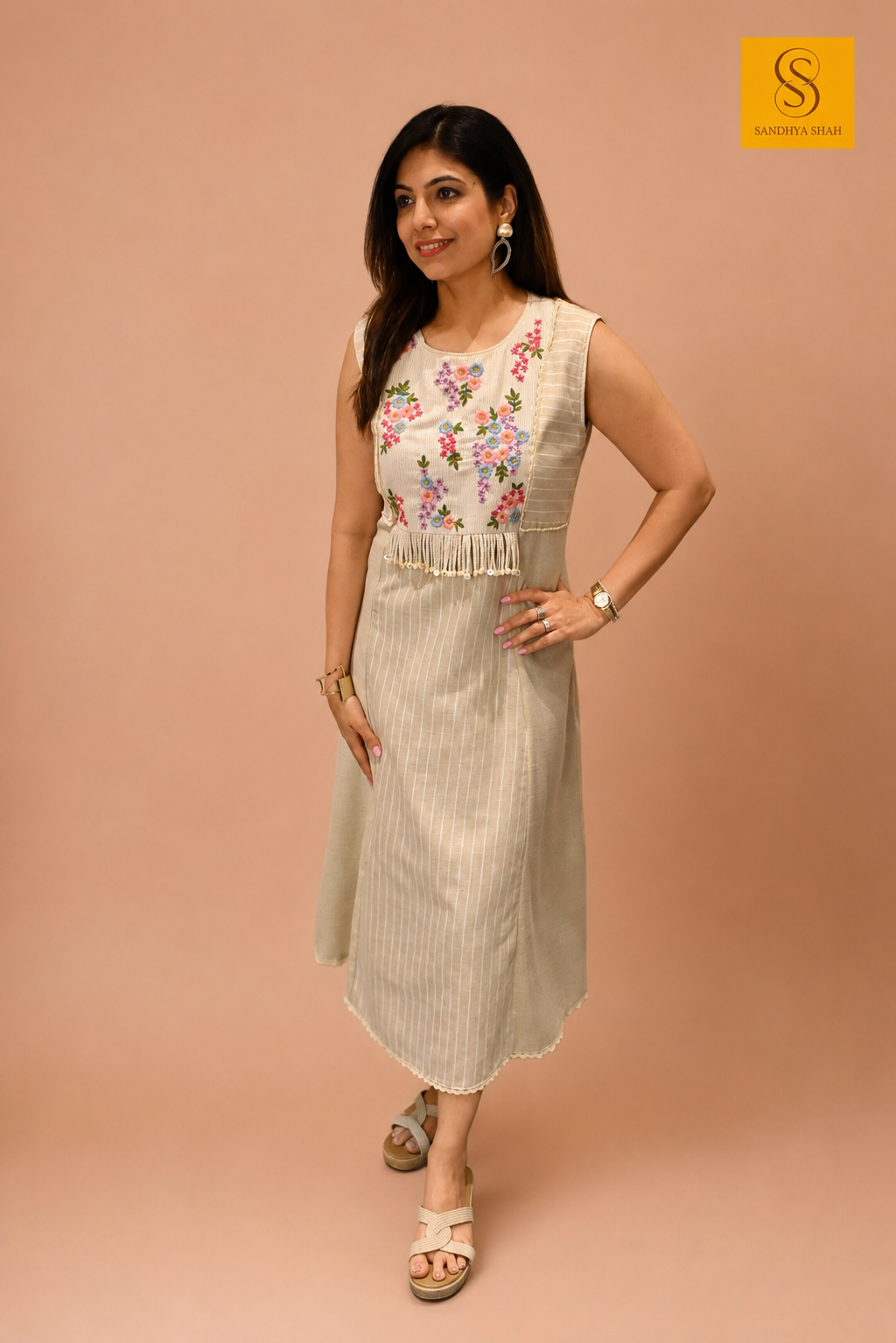 Beige Cotton Linen A-Line Dress