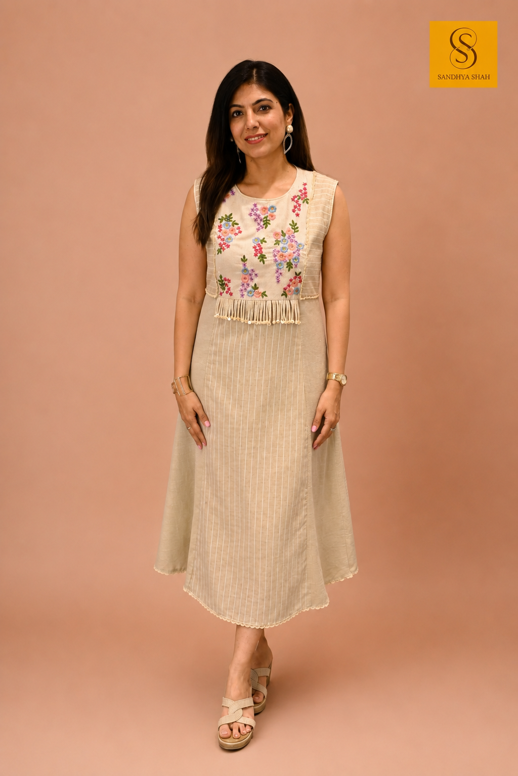 Beige Cotton Linen A-Line Dress