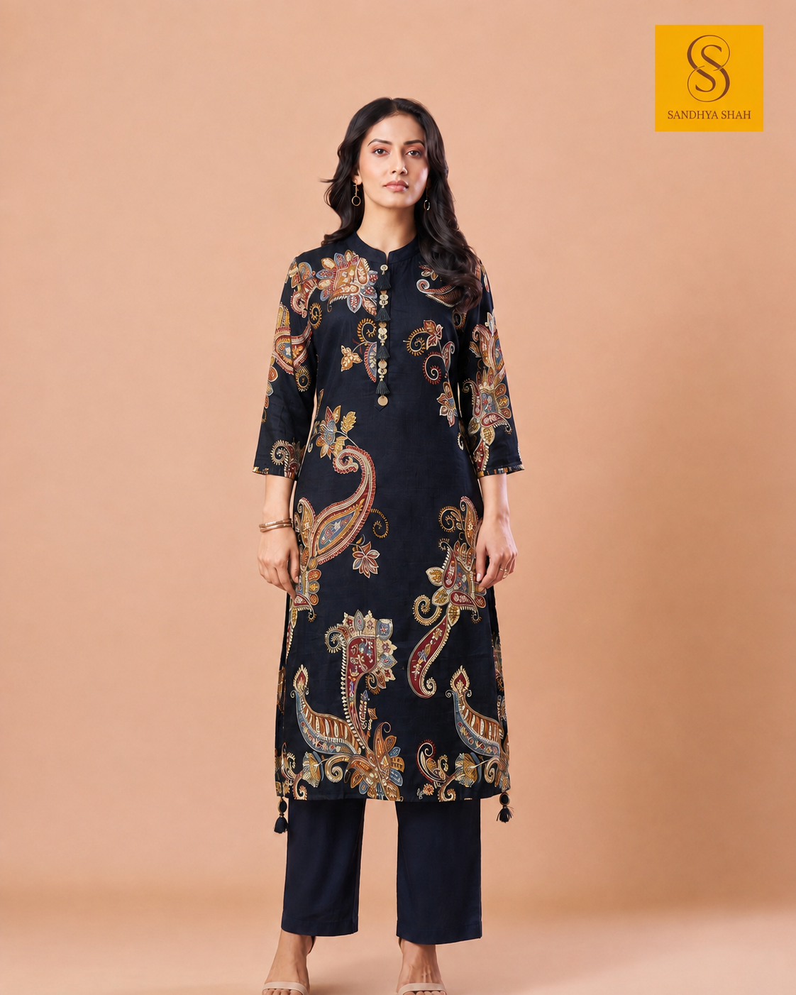 Black Printed Dupion Silk Kurta Set
