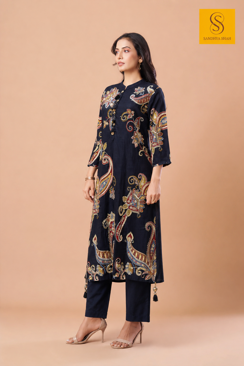 Black Printed Dupion Silk Kurta Set