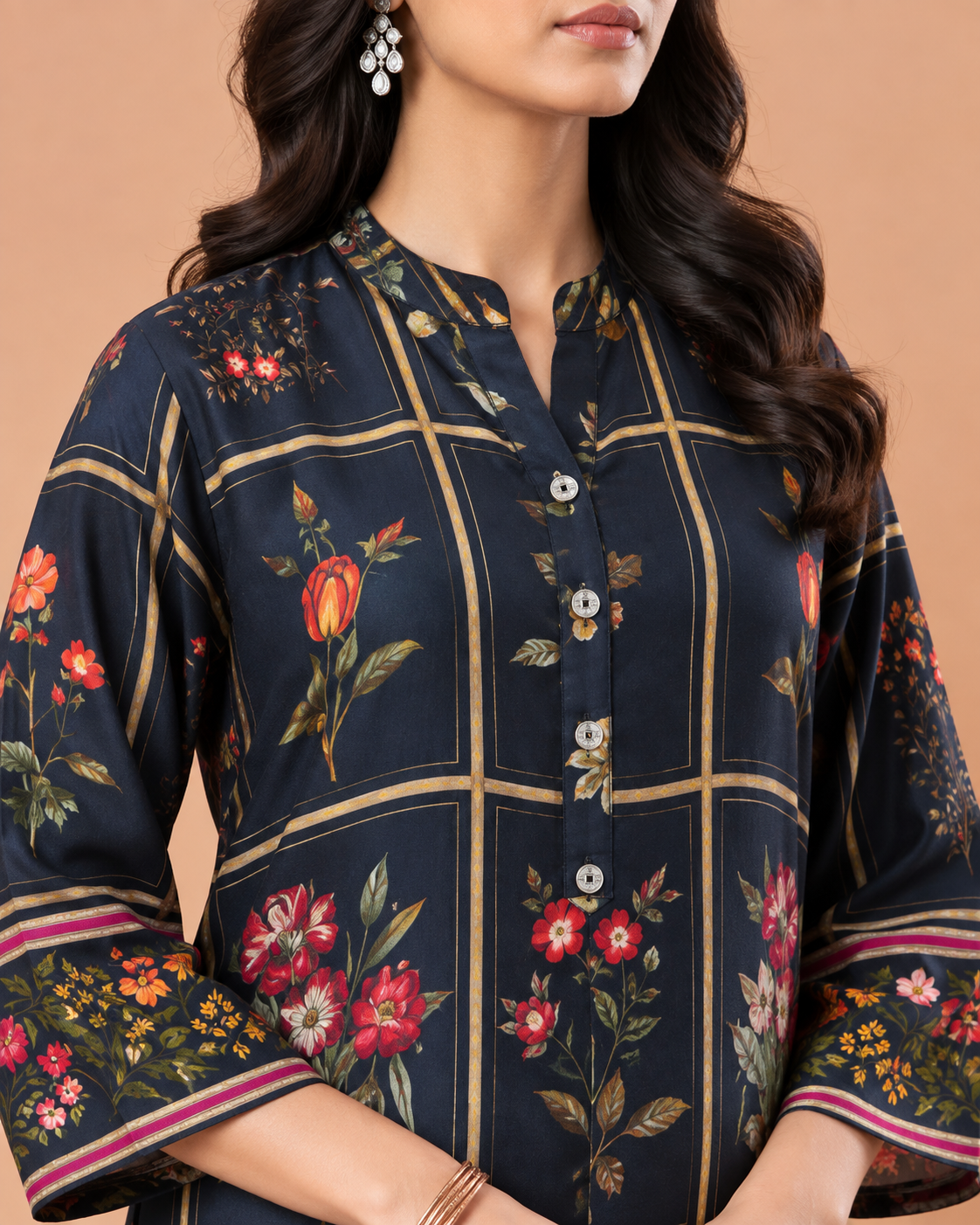 Black Flower Printed Dupion Silk Kurta Set