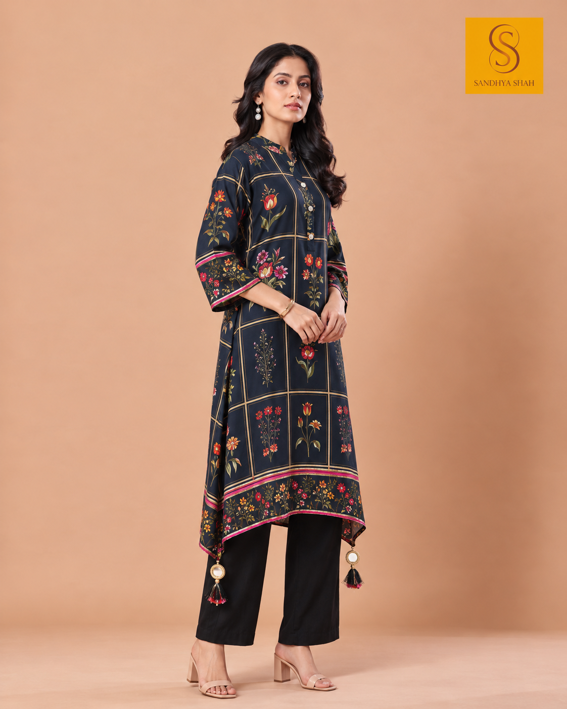Black Flower Printed Dupion Silk Kurta Set