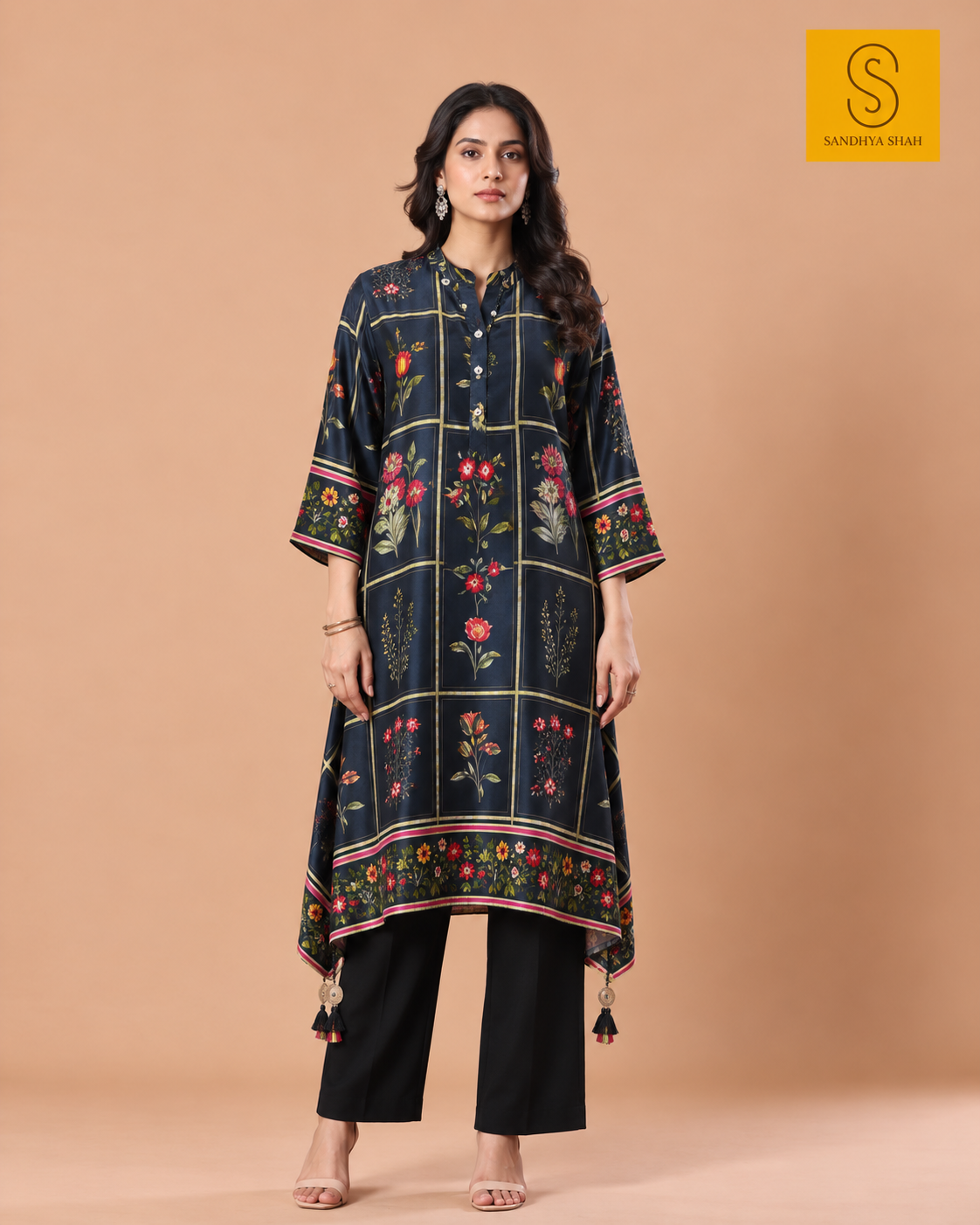 Black Flower Printed Dupion Silk Kurta Set