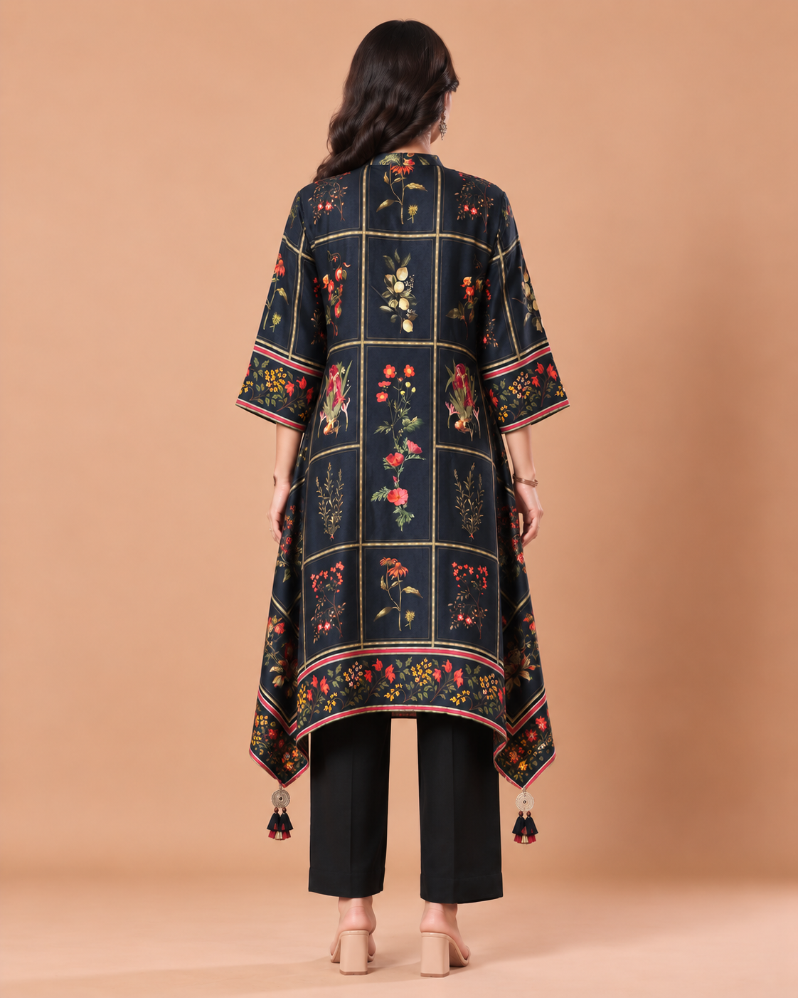 Black Flower Printed Dupion Silk Kurta Set