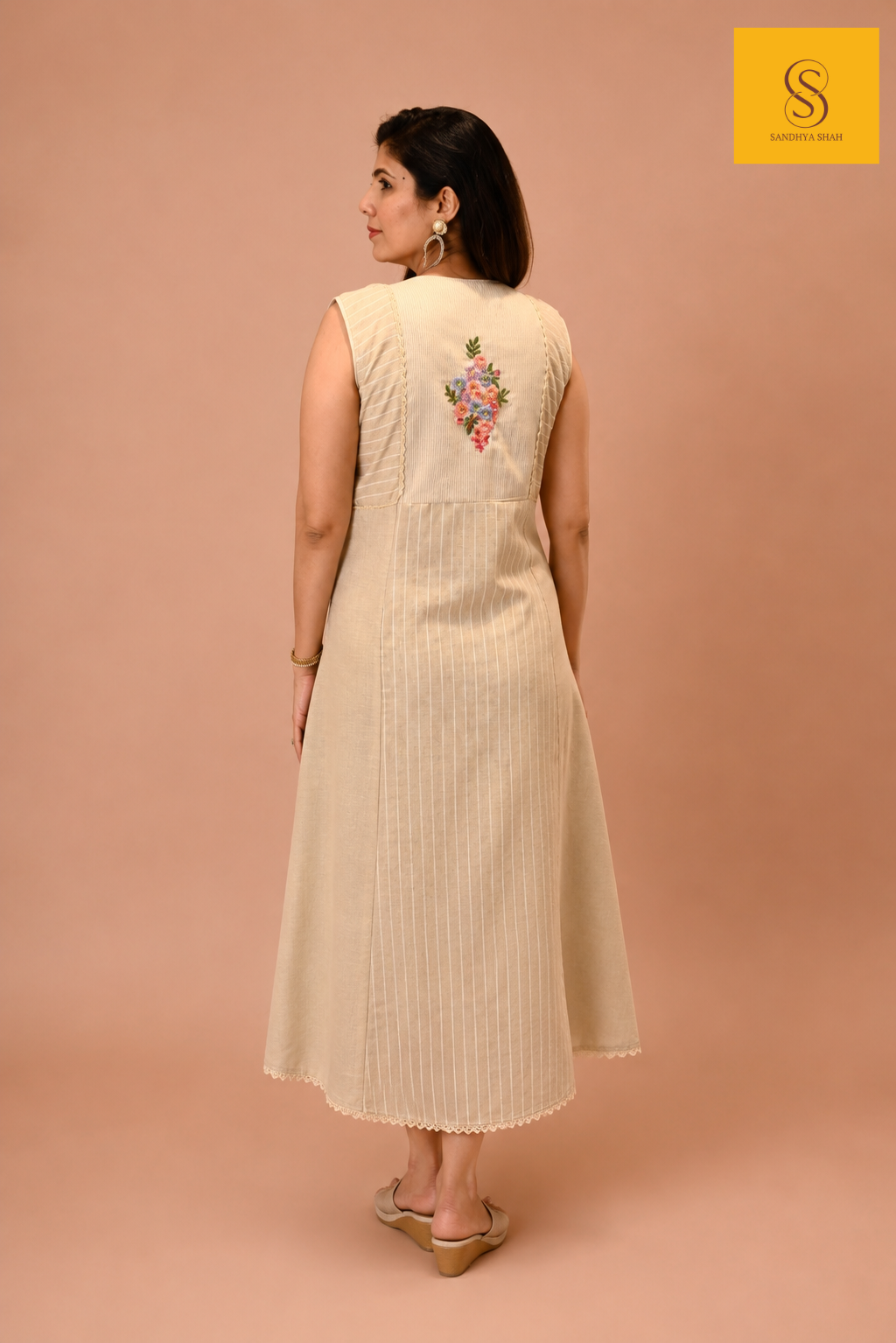 Beige Cotton Linen A-Line Dress