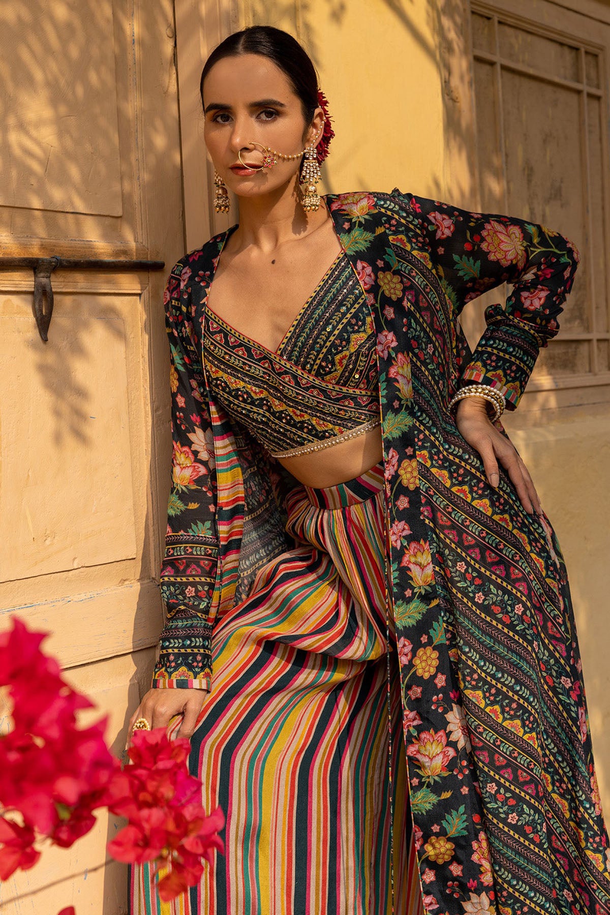 Deep Green Leher Sharara Set With Cape