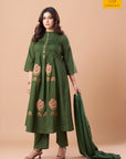 Olive green mul cotton A-line kurta set with trousers and dupatta
