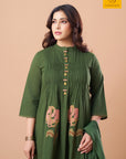 Hand-embellished button patti on an olive green A-line kurta