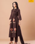 Hand-embellished button patti on a brown A-line kurta with dupatta