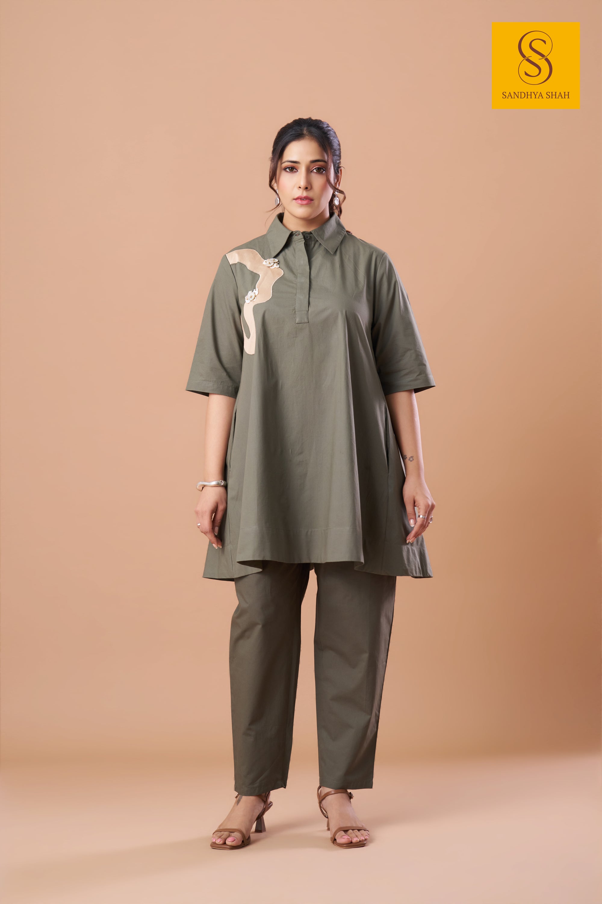 Olive Abstract Fusion Co-ord Set