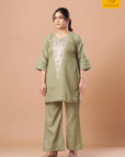 Olive mirror work kurta set with straight-cut tunic and bell-bottom pants